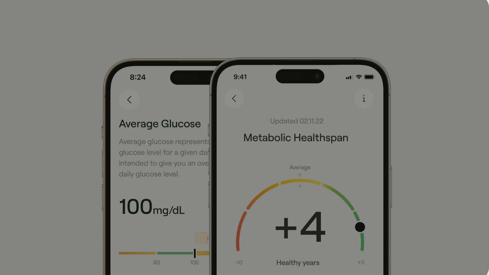 two phone screens showing metabolic healthspan feature in veri app