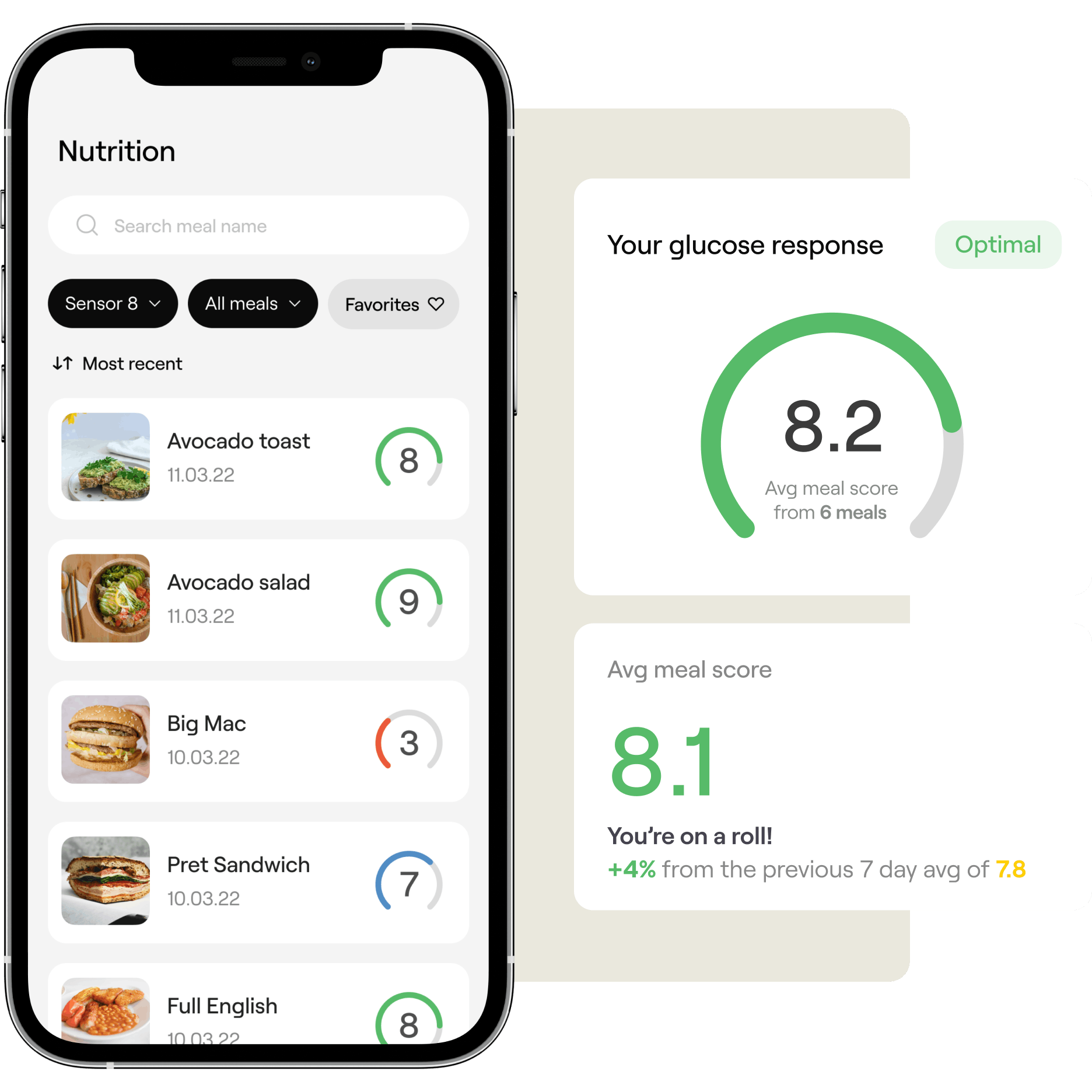 scores your meals based on your glucose response and the quality of ingredients, building a diet by your body, for your body.